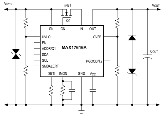 Application Circuit Diagram - Analog Devices Inc. MAX17616/A 7A Current Limiters Application Circuit Diagram - Analog Devices Inc. MAX17616/A 7A Current Limiters